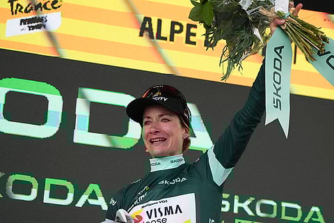 Tour de France Women cycling race: Marianne Vos of The Netherlands, wearing the best sprinter's green jersey celebrates after the eighth stage